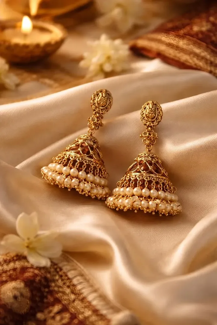 Gold jhumka on silk style for earrings